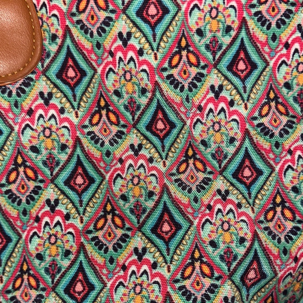 Patterned Weekender Bag Travel Duffle Tote Brown faux Leather Handles - Picture 2 of 7